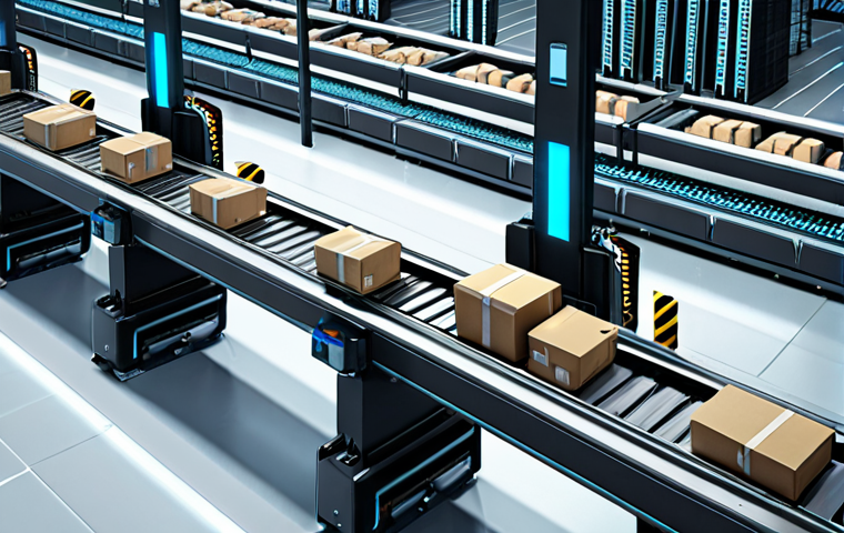 Automated Warehouse Scene**

`Prompt:  Futuristic automated warehouse. Conveyor belts moving packages, robotic arms sorting items.  Glowing screens display real-time inventory data.  Focus on efficiency and technology.  Slightly overhead perspective.  Cold color palette, blues and grays.`

**
