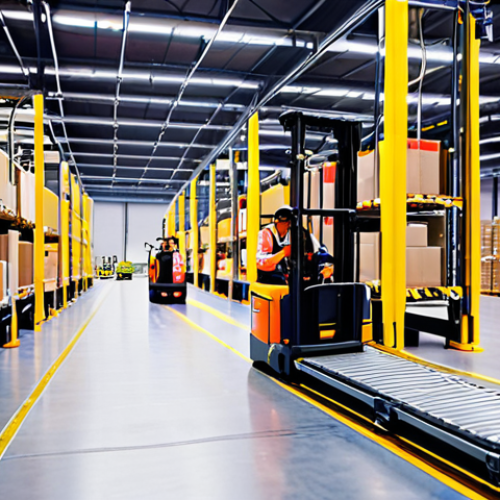 Home 6 **Busy warehouse interior:** Forklifts moving pallets, workers in safety vests, automated conveyor belts, bright lighting, focus on efficiency and organization. (This visually represents automation and logistics processes).