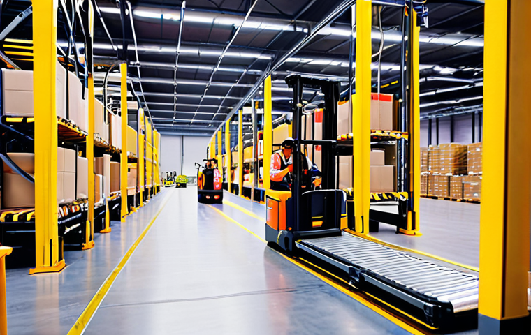 **Busy warehouse interior:** Forklifts moving pallets, workers in safety vests, automated conveyor belts, bright lighting, focus on efficiency and organization. (This visually represents automation and logistics processes).