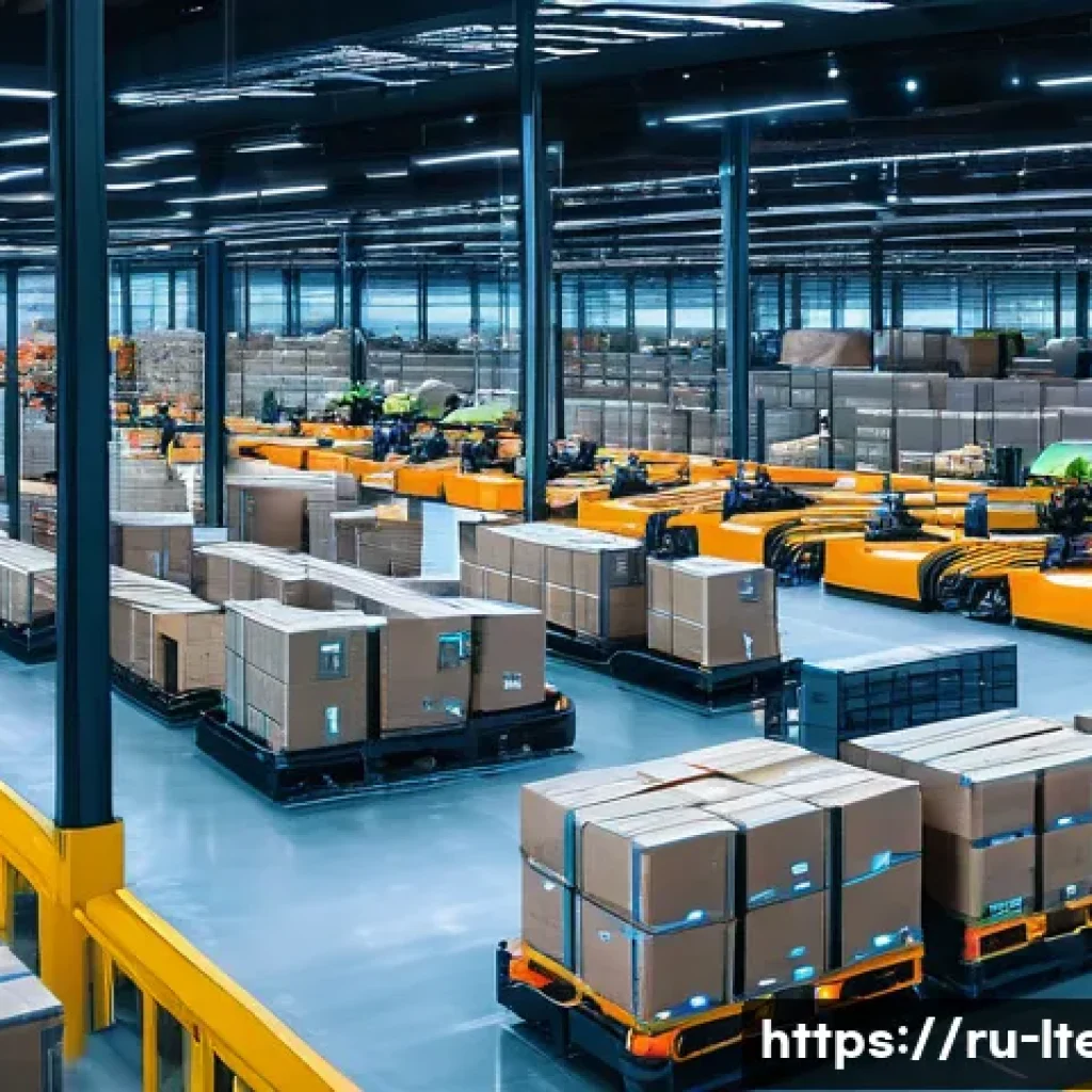 물류기술사 필수 이론 정리 - A modern logistics warehouse interior featuring advanced automation technology: multiple robotic for...
