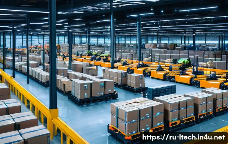 물류기술사 필수 이론 정리 - A modern logistics warehouse interior featuring advanced automation technology: multiple robotic for...
