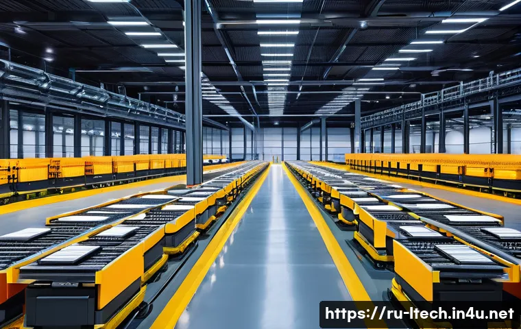 물류기술사 자격증과 자재 관리 효율화 - A modern warehouse interior featuring automated conveyor belts and robotic carts moving pallets of g...
