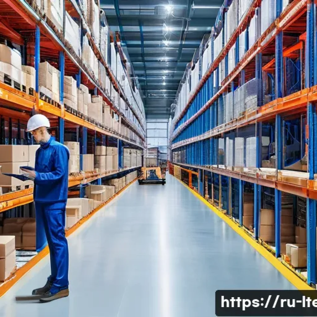 물류기술사 취득 후 실무 적용 사례 - A modern warehouse interior showcasing an advanced Warehouse Management System (WMS) in action: robo...
