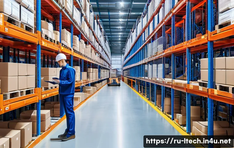 물류기술사 취득 후 실무 적용 사례 - A modern warehouse interior showcasing an advanced Warehouse Management System (WMS) in action: robo...