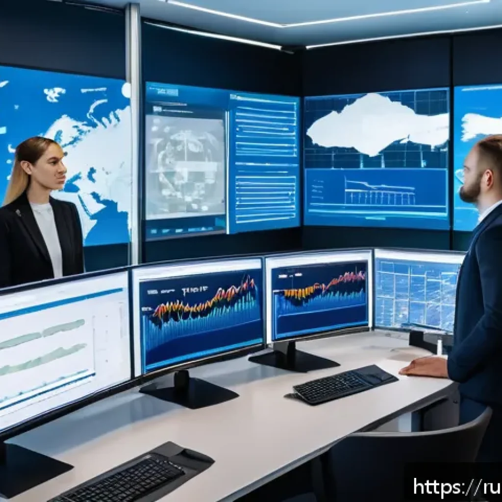 물류기술사 자격증과 AI 물류 기술 트렌드 - A modern logistics control room in Russia, featuring a diverse team of professionals analyzing large...