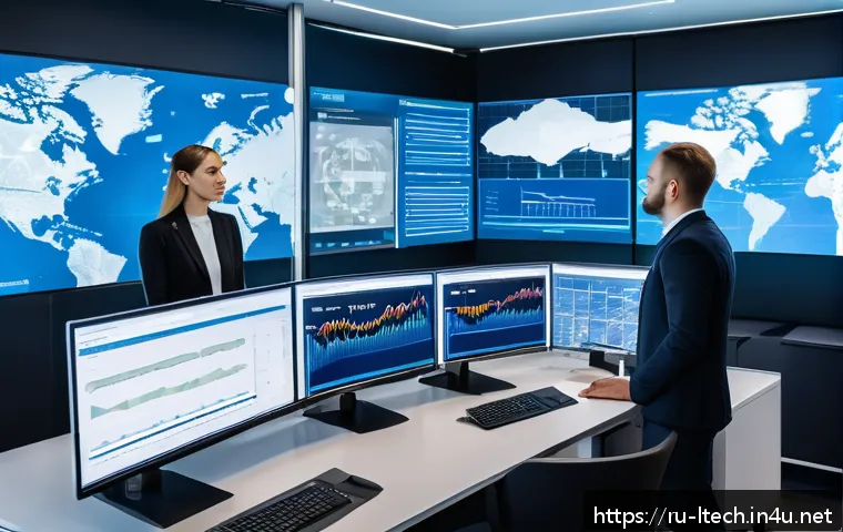 물류기술사 자격증과 AI 물류 기술 트렌드 - A modern logistics control room in Russia, featuring a diverse team of professionals analyzing large...