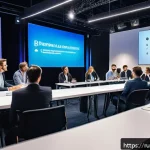 Home 22 물류기술사 취득 후 네트워킹 전략 - A professional networking event in a modern conference hall filled with diverse business people enga...