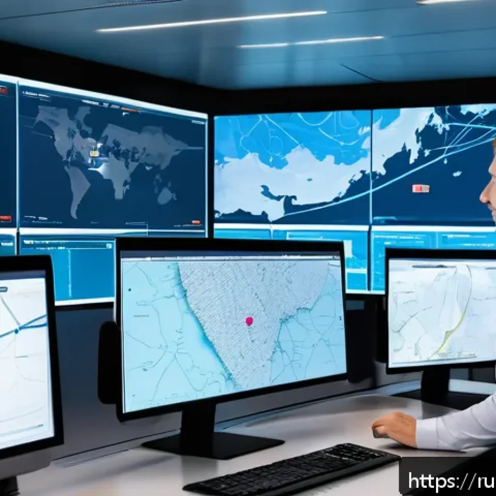 물류기술사 자격증과 블록체인 물류 - A modern logistics control room in Russia with large digital screens displaying real-time cargo trac...