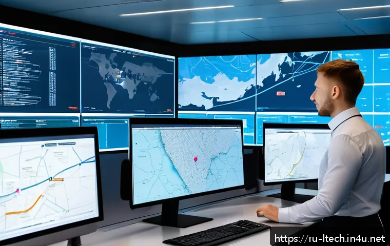 물류기술사 자격증과 블록체인 물류 - A modern logistics control room in Russia with large digital screens displaying real-time cargo trac...