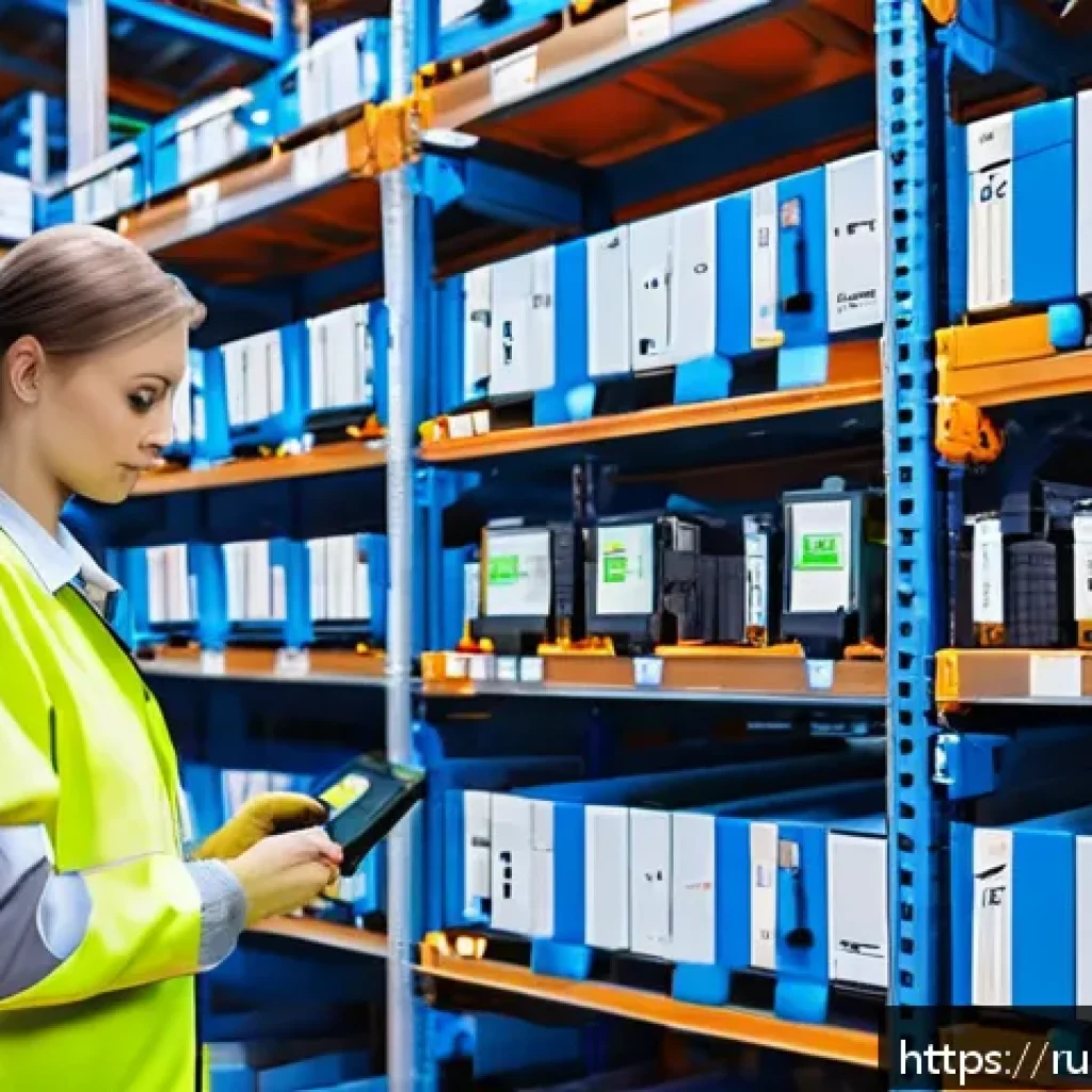 물류기술사와 화물 운송의 효율화 - A modern Russian warehouse interior featuring automated inventory management: workers scanning RFID ...