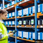 Home 20 물류기술사와 화물 운송의 효율화 - A modern Russian warehouse interior featuring automated inventory management: workers scanning RFID ...