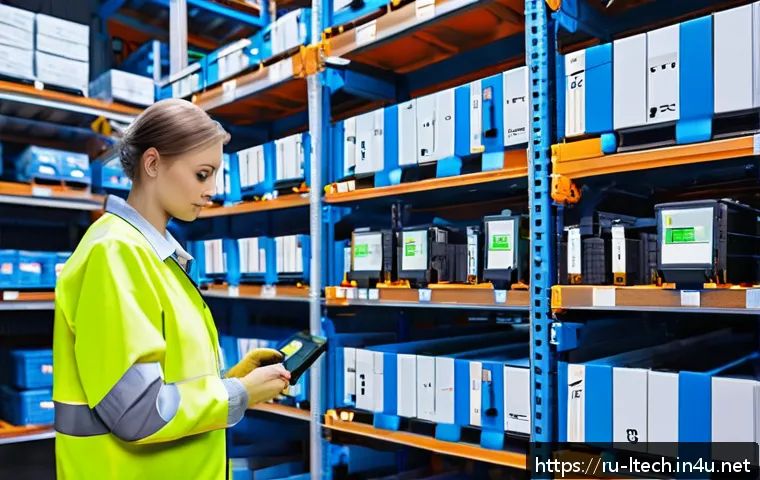 물류기술사와 화물 운송의 효율화 - A modern Russian warehouse interior featuring automated inventory management: workers scanning RFID ...